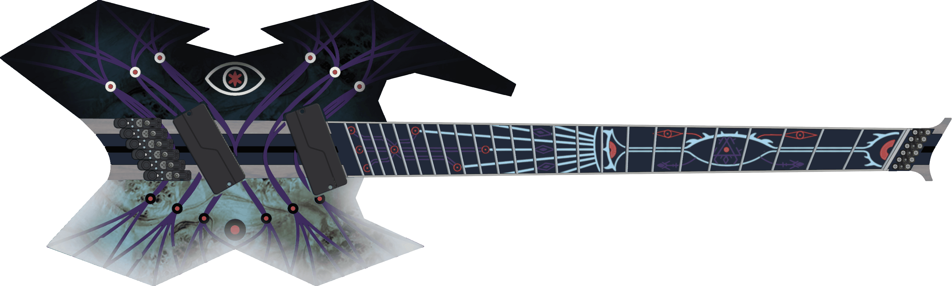 Genesis custom multiscale extended range guitar design with burst finish poplar burl, luminescent inlays, and Richlite fretboard