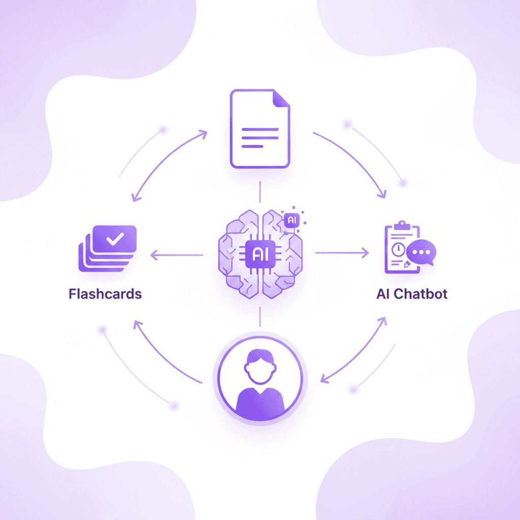 Diagram showing how comprehensive AI study hubs generate multiple assessment formats from a single document