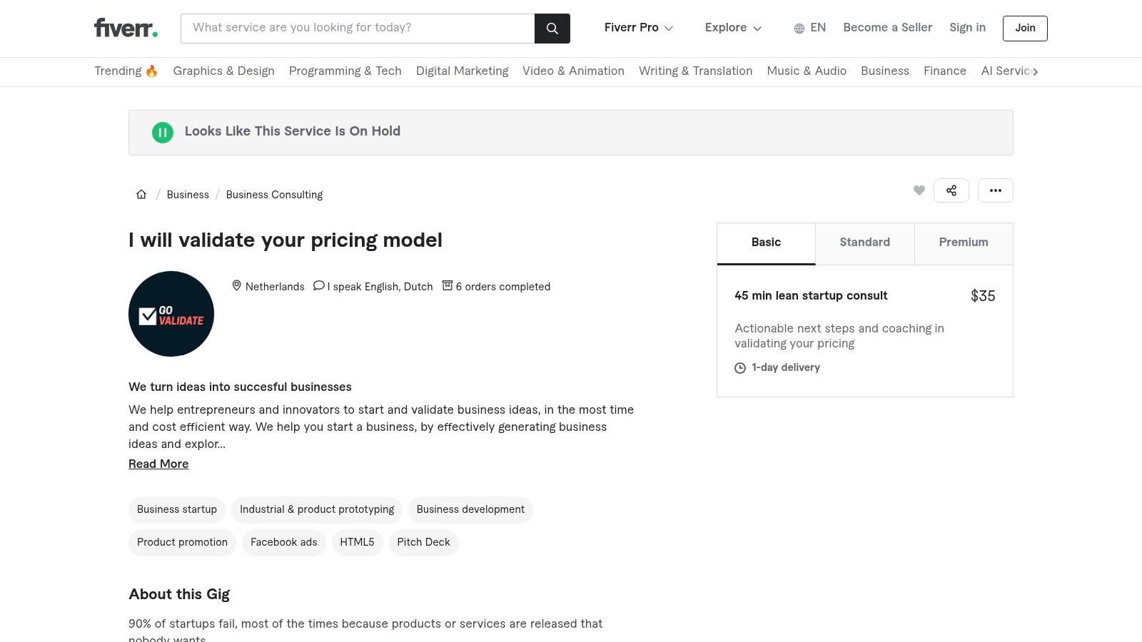 Fiverr freelance marketplace showing ideation and app validation services for testing the best app ideas