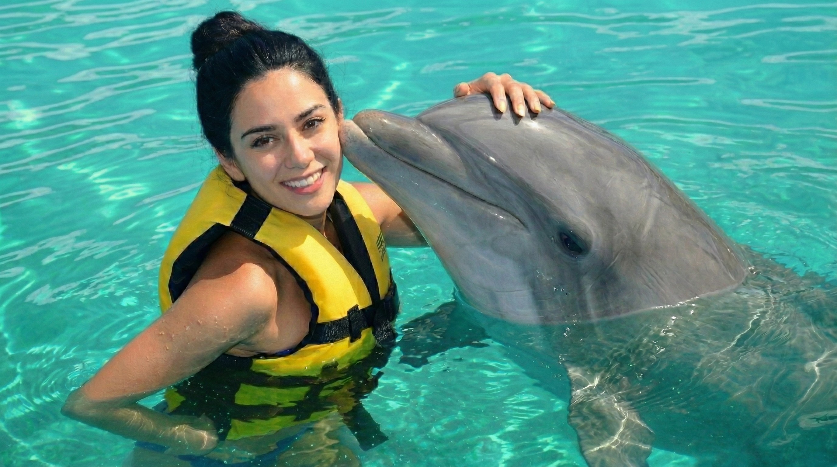 Smiling woman in yellow life vest, cheek to a dolphin's head.