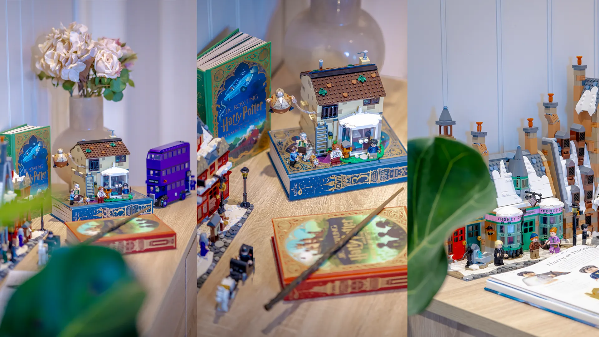 Samling av LEGO Harry Potter-modeller med landsbyen Galtvang, Fnattbussen og ulike scener utstilt sammen med Harry Potter-bøker