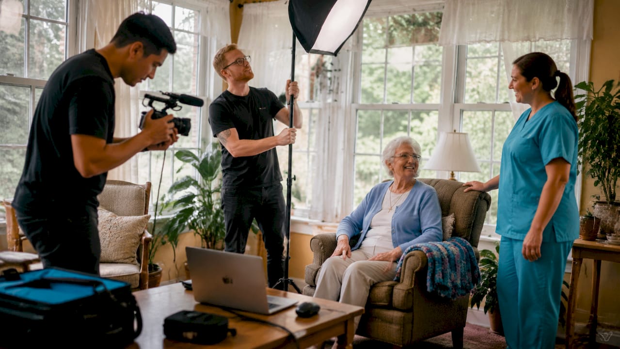 Videographers filming elderly woman in senior care facility