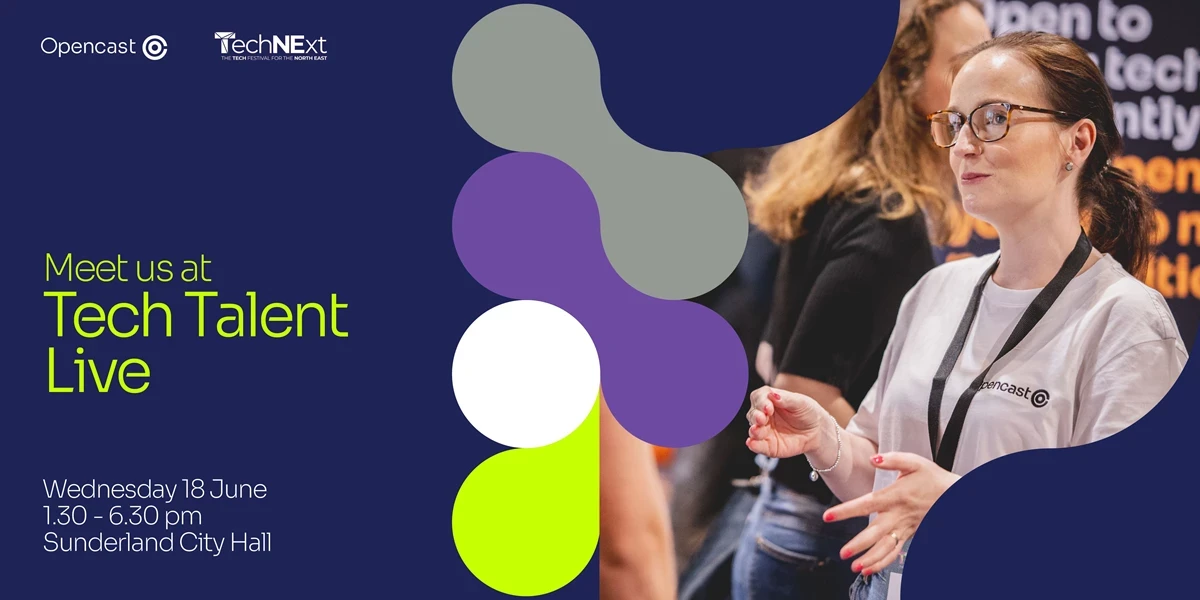 Event Graphic for Tech talent Live with a photo of a woman with brown hair in a ponytail and glasses wearing an Opencast tshirt talking to someone