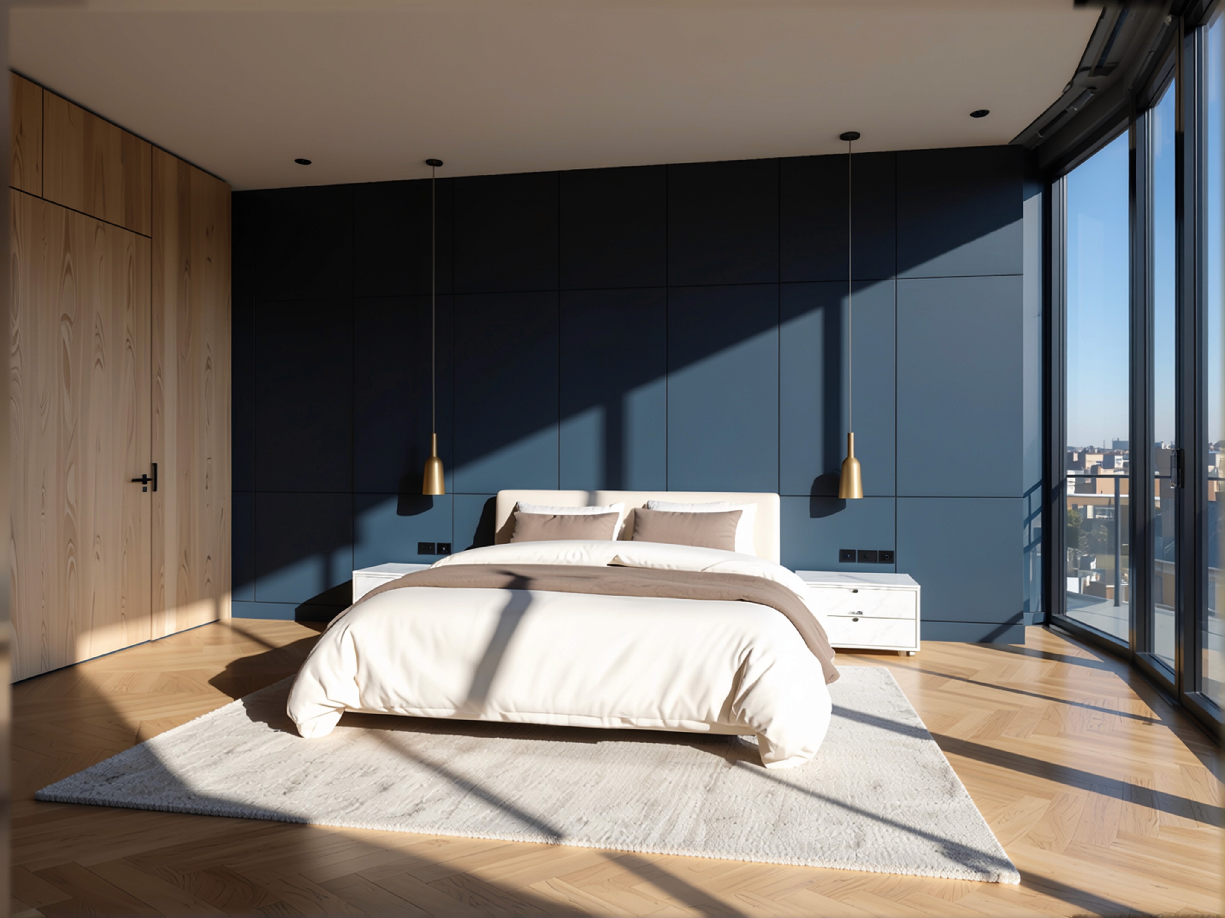 A classic and elegant bedroom with off-white walls features decorative grey raised panels and intricate ceiling moldings. In the left corner, an off-white bedside table with a curved top and three grey drawers with gold-colored handles sits, holding a large grey vase-style lamp with an off-white shade and a glass vase with small stems of tiny buds. In front of the curved, raised wall panel to the right is an off-white double-sized winged upholstered bed with light-colored bedding and beige cushions. At the foot of the bed is an ornate gold-colored and off-white upholstered bench.  A large square-shaped grey rug sits under the bed. In the far wall, between a raised panel on the left and a large, mullioned window is a white wooden door with two panels and round, gold-colored handles. To the right of the window, against the wall, is a large dark-grey vase with a healthy green plant. Sunlight streams in through the window, illuminating the room.
