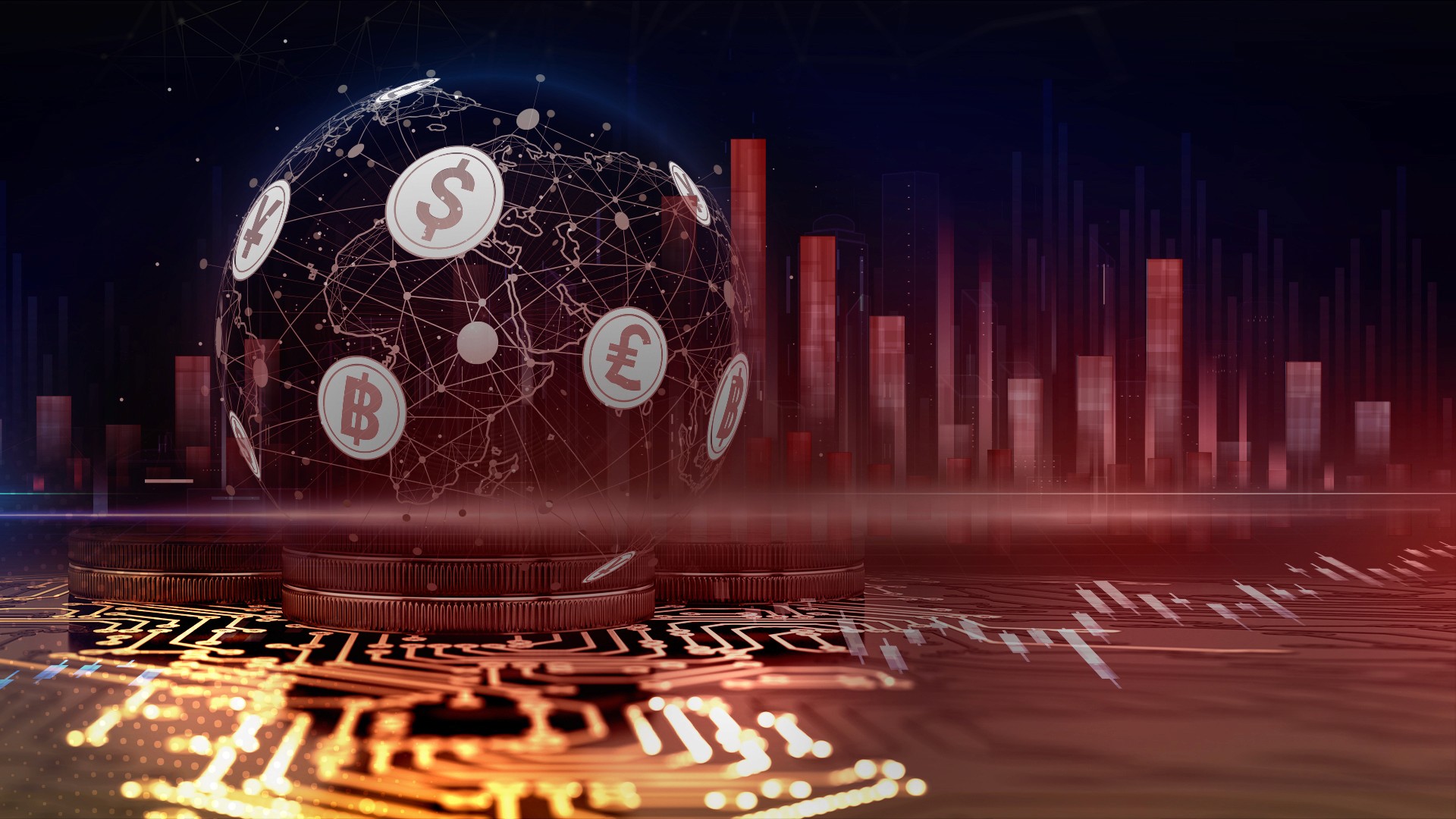 Mainstream currencies on a blue and red background, representing the AI trading market and the forex trading news. 