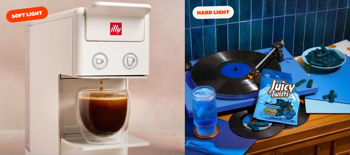  Side-by-side comparison of product photography lighting styles showing a coffee machine shot in soft light versus a candy and turntable setup shot in hard, dramatic light. 