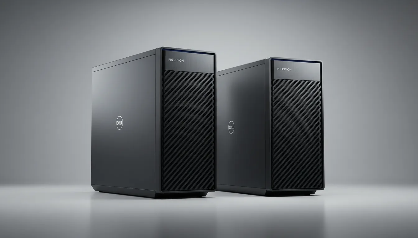 Product photography of two Dell Precision workstation PC towers, side-by-side on a minimalist, light grey studio background. The towers, made of matte dark grey and black metal, feature distinctive black diagonal lattice grill front panels. The larger tower on the left is angled slightly to the right, and the smaller tower on the right is angled slightly to the left. The scene is illuminated by soft studio lighting, creating gentle shadows. DSLR quality, hyper-detailed, with a sharp focus on the entire product.