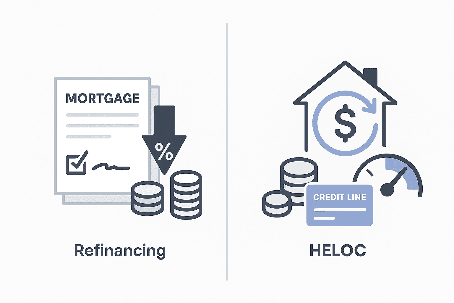 Visual comparison of refinancing versus HELOC showing cost-heavy fixed loan on left and flexible credit line on right