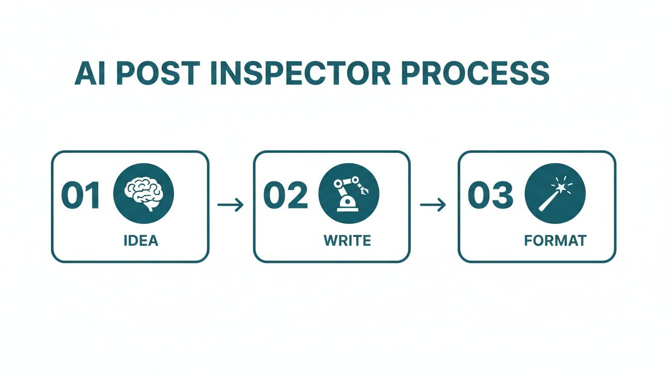 A flowchart outlining the AI Post Inspector process, showing three steps: Idea, Write, and Format, with icons.