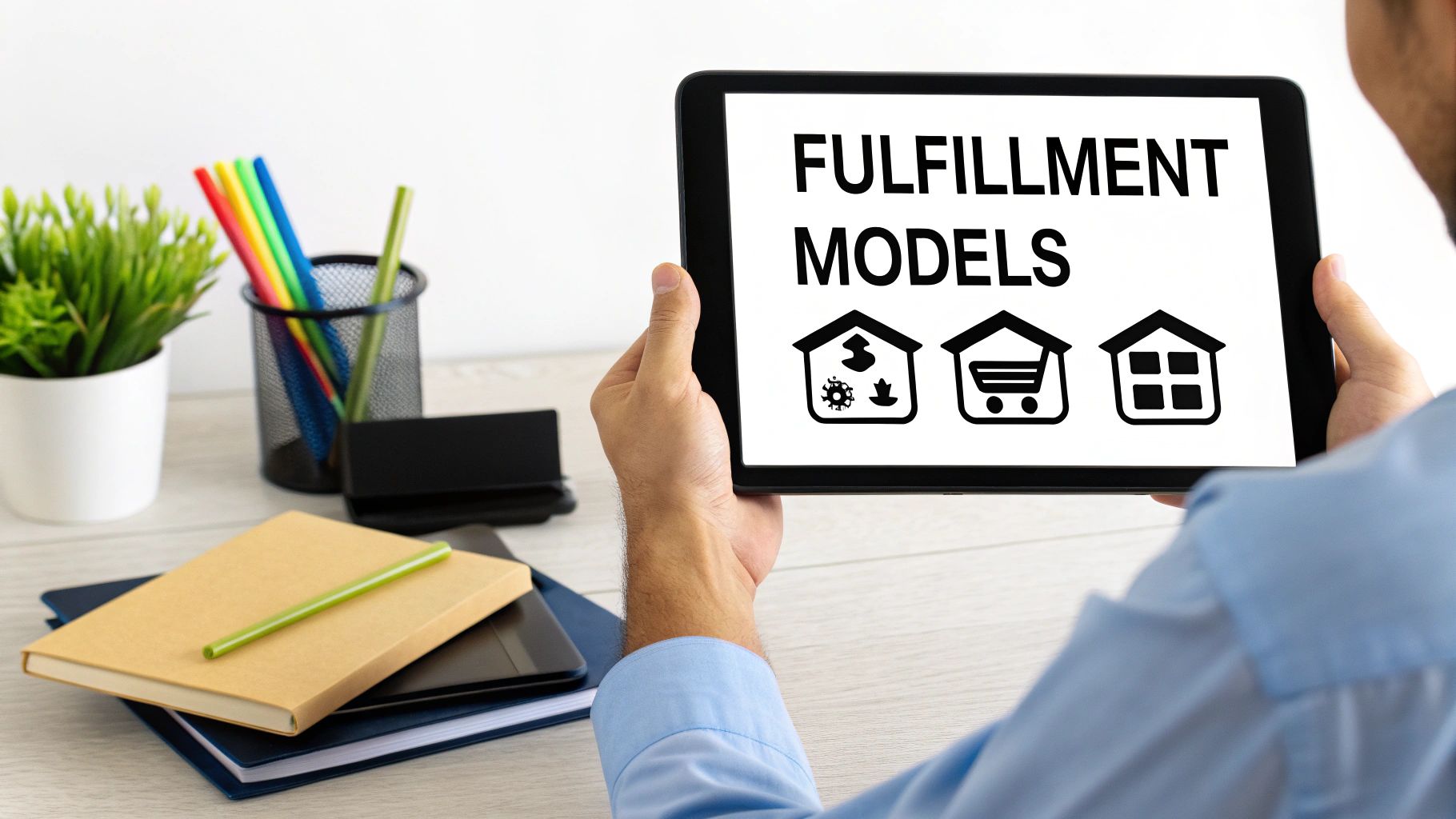 Person choosing between different icons representing ecommerce fulfillment models