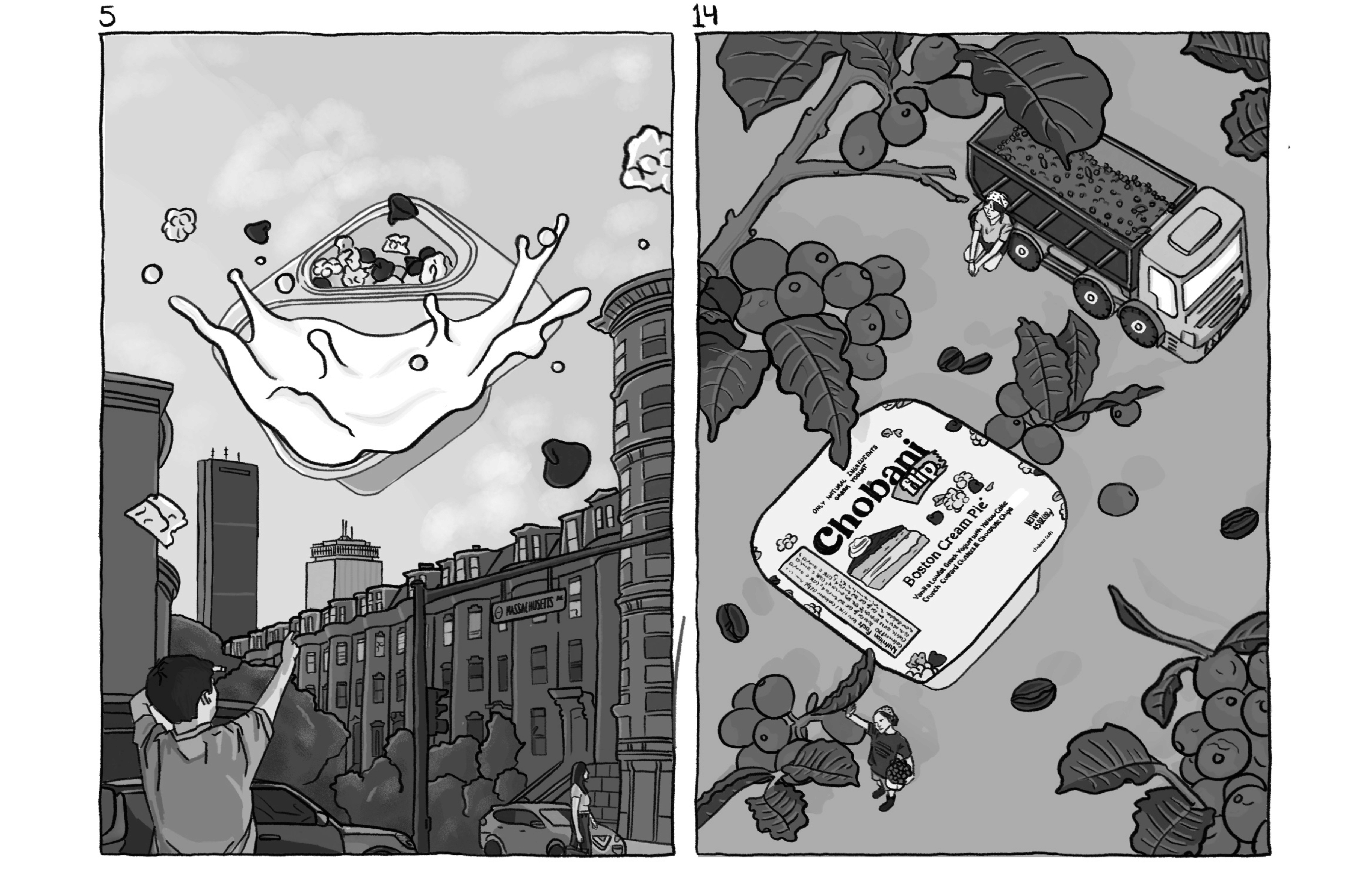 Tight Sketches & Value Study. I took extensive reference for both possible ideas, focusing on the main element being the product. Deciding that the right thumbnail is the strongest, I changed the truck to a small picking cart and the perspective on the Chobani Flip. I also fix the body language of the bottom figure.