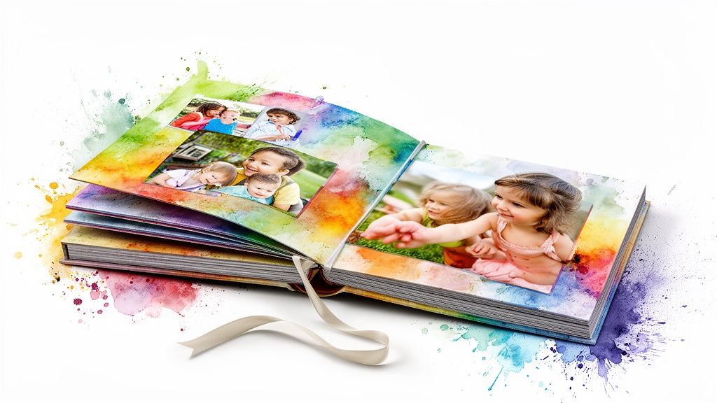 An open photo album displaying various happy children's photos with vibrant watercolor splashes around it.