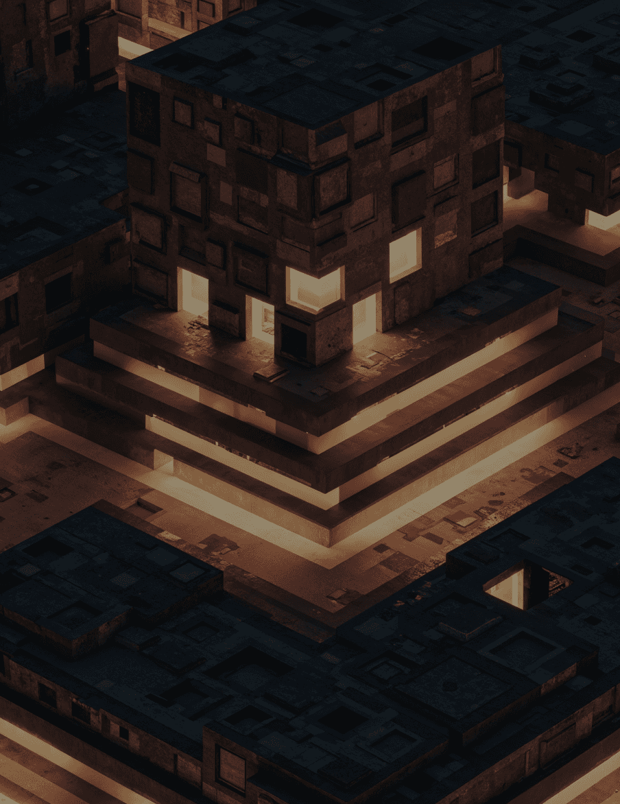 Glowing block-style building on layered platform at night.