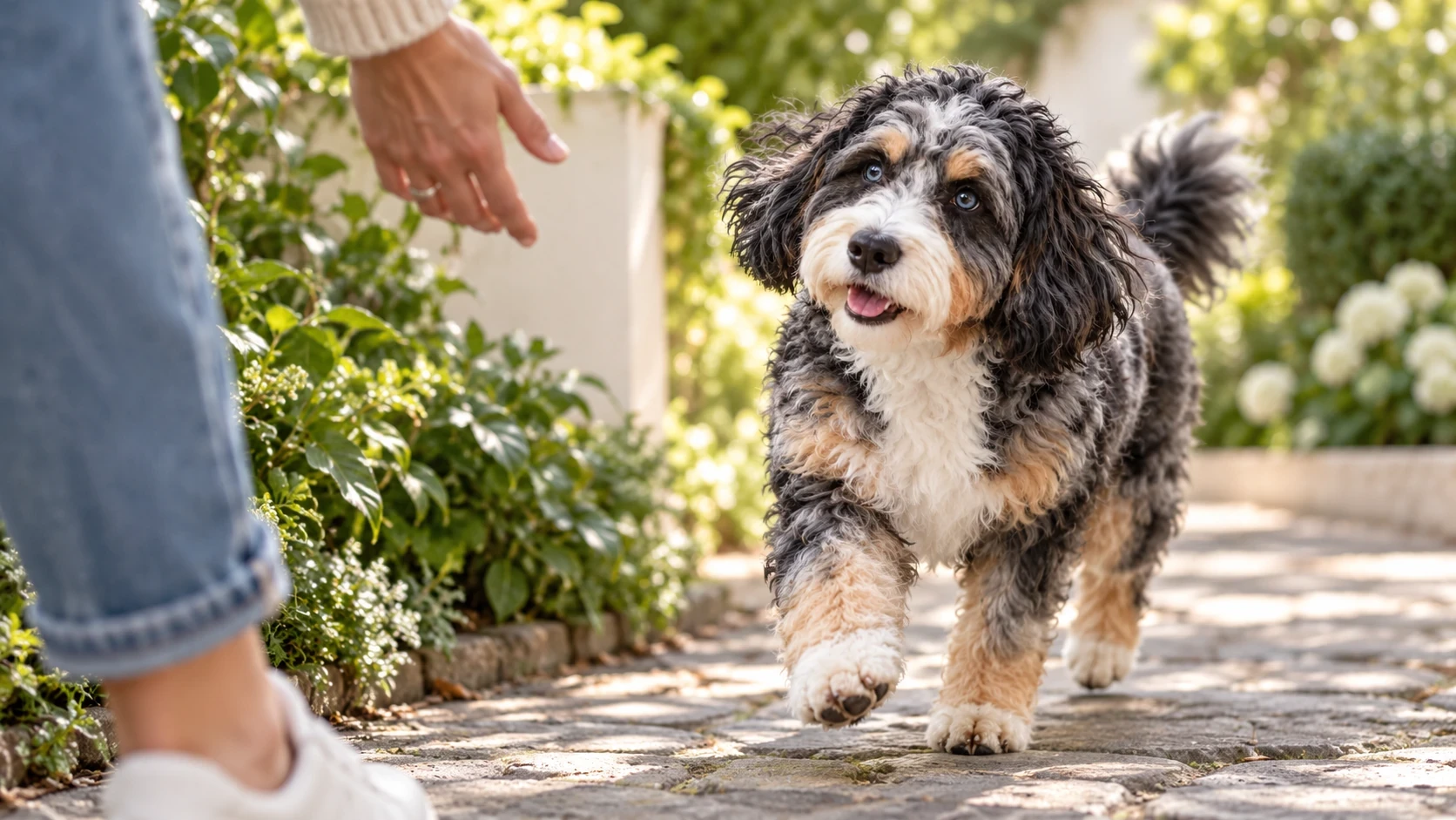 Canonical blue-merle Mini Bernedoodle on a morning walk