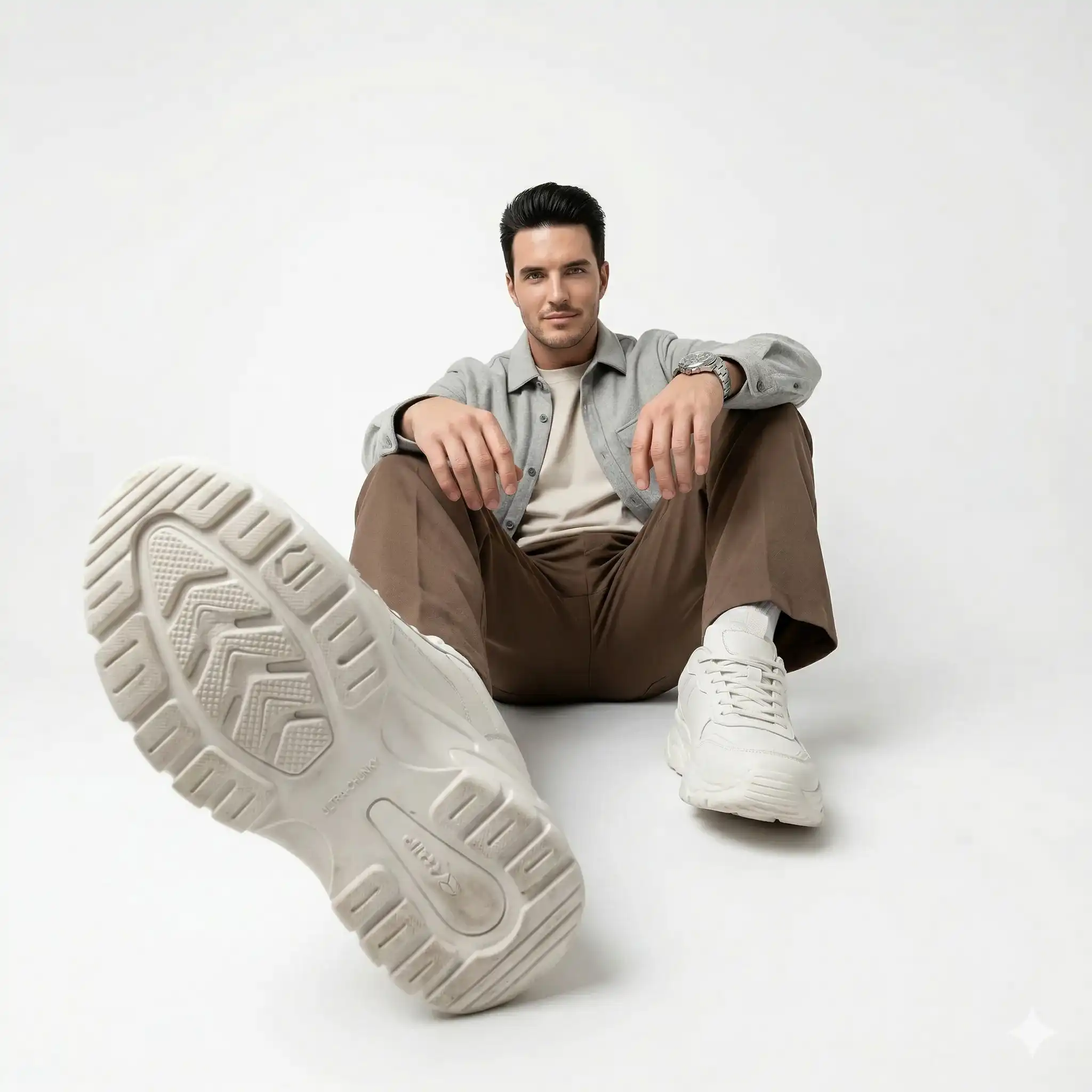 AI-generated forced perspective image of a man sitting on a white studio floor prominently showing off the large sole of a chunky white sneaker. Generated for the AI marketing portfolio of Mahendra R.