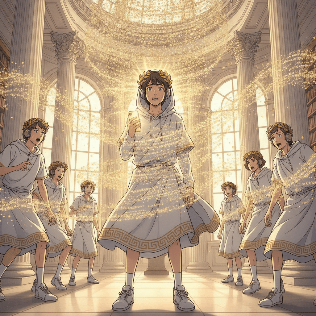 Overwhelmed student drowning in an endless wall of AI chat text while golden sparks from a smartphone scatter uselessly in a neoclassical library