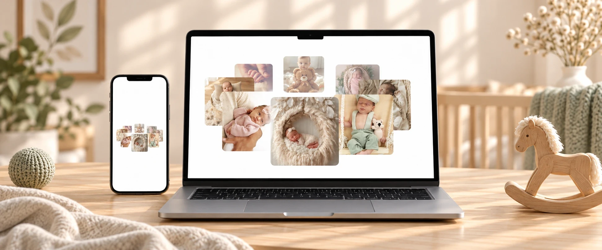 Laptop und Smartphone mit acht Babyfotos auf einer sanften Umlaufbahn, daneben ein Holzschaukelpferd.
