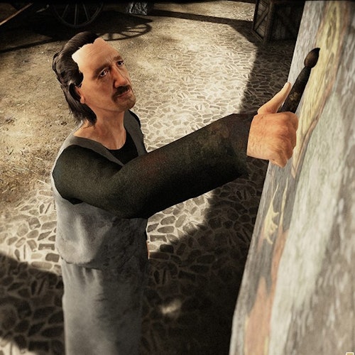 Un uomo con baffi e capelli lunghi sta dipingendo su una tela con un pennello, in piedi su un pavimento di ciottoli in una stanza poco illuminata.