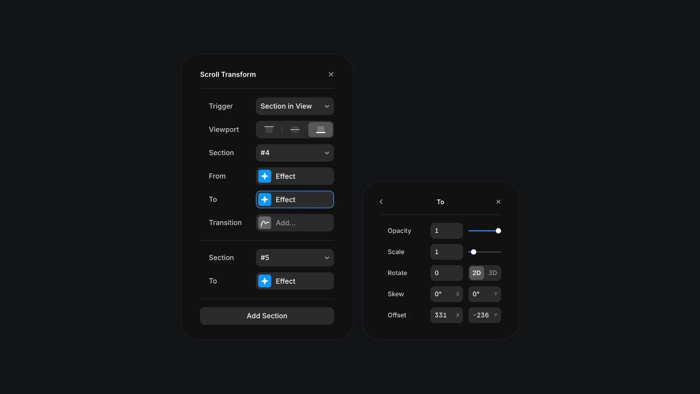 User interface for configuring scroll-triggered transformations, showing sections for triggers, effects, and transitions