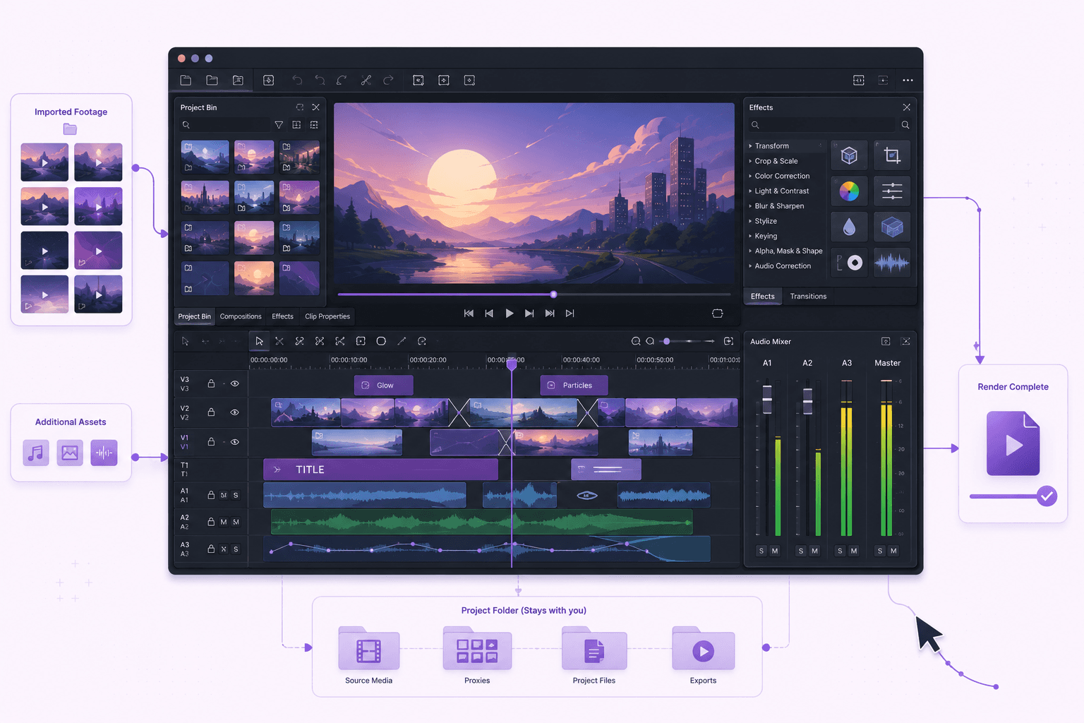 Kdenlive production workflow combining imported footage, additional assets, effects, audio mixing, persistent project files, and final rendering.