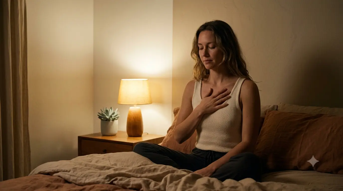 A woman sits on the edge of her bed at night, one hand resting over her heart, calm and listening inward in warm lamplight.