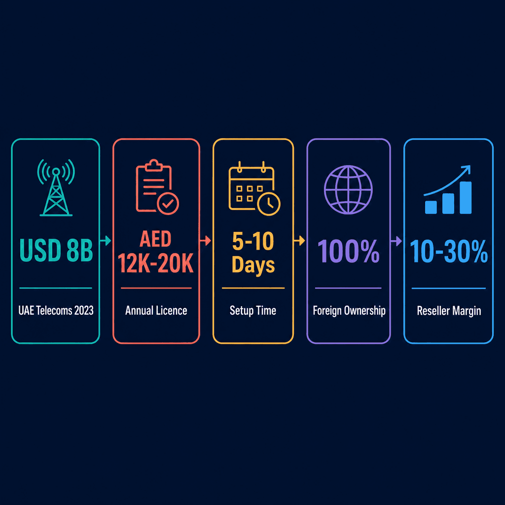 Infographic: Telecommunications Resellers (I.E. Purchasing And Reselling Network Capacity Without Providing Additional Services) Business License in Dubai