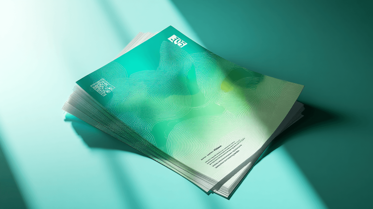 Printed brochures arranged on a surface, representing branded marketing collateral.