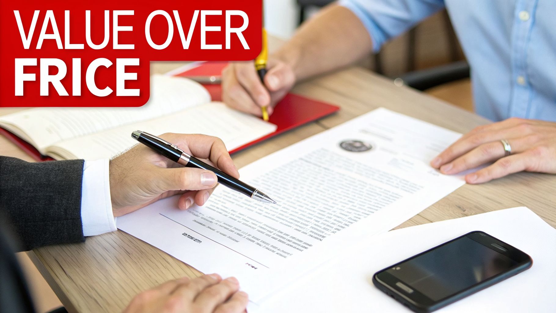 Two business professionals discussing and signing documents at a table, with 'VALUE OVER PRICE' prominently displayed.