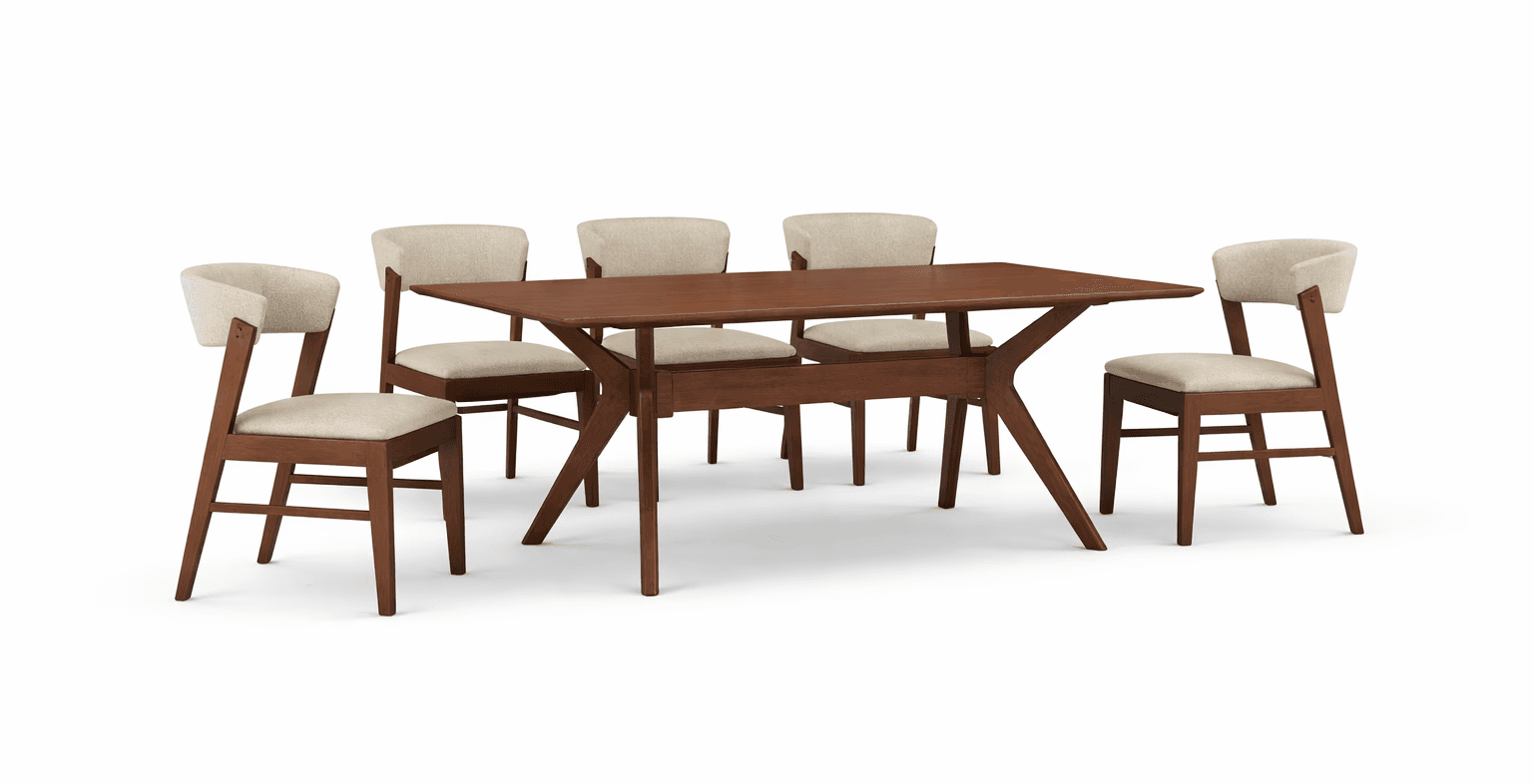 Dining table with angled wooden base, paired with upholstered chairs