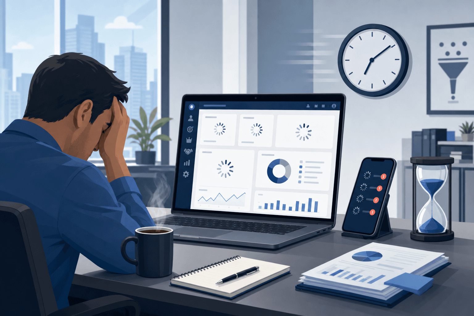 A modern office desk scene showing frustration with data delays: a laptop displaying a CRM dashboard with loading spinners, a smartphone with pending notification badges, a coffee mug, and a clock on the wall showing time passing. The scene should convey waiting and workflow bottleneck in a professional sales environment. Clean, modern illustration style with blues and grays.