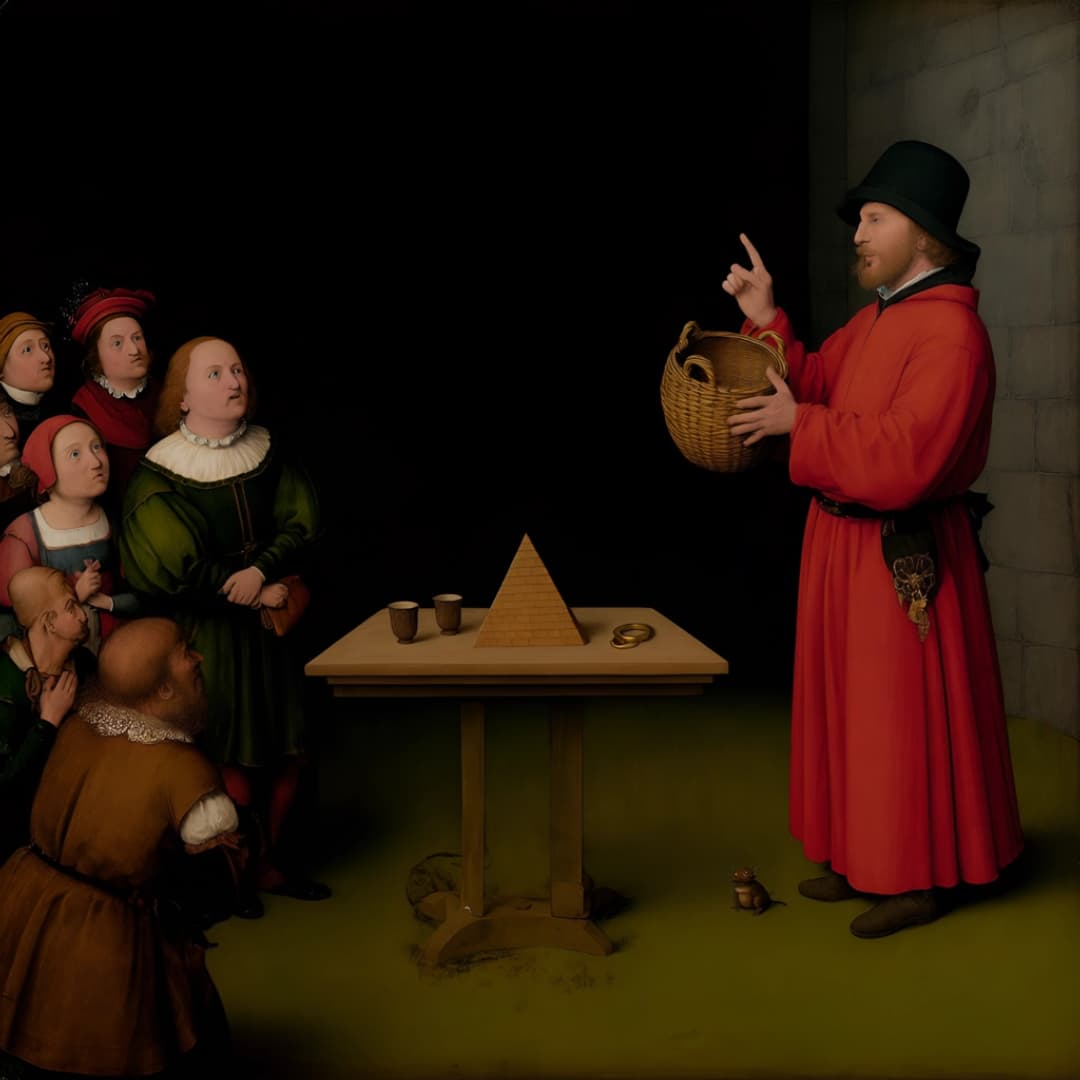 Gemälde im Stil der Alten Meister Ein Mann in rotem Gewand und schwarzem Hut hält einen Korb und zeigt mit dem Finger nach oben, während eine Gruppe von Zuschauern ihn beobachtet.