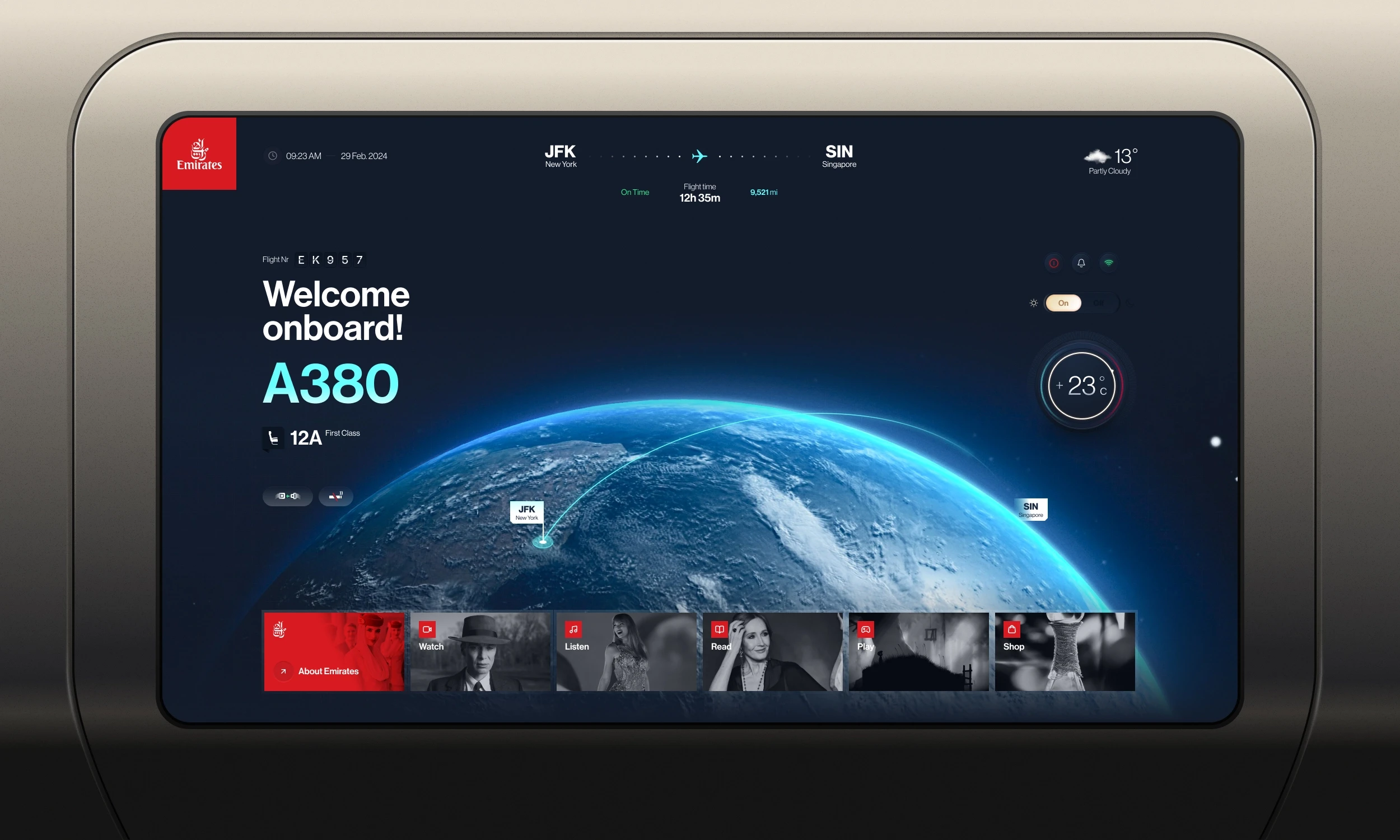 Tablet screen shows Emirates A380 onboard interface, JFK to SIN, glowing Earth horizon, flight details, and passenger profiles in a sleek dark design.