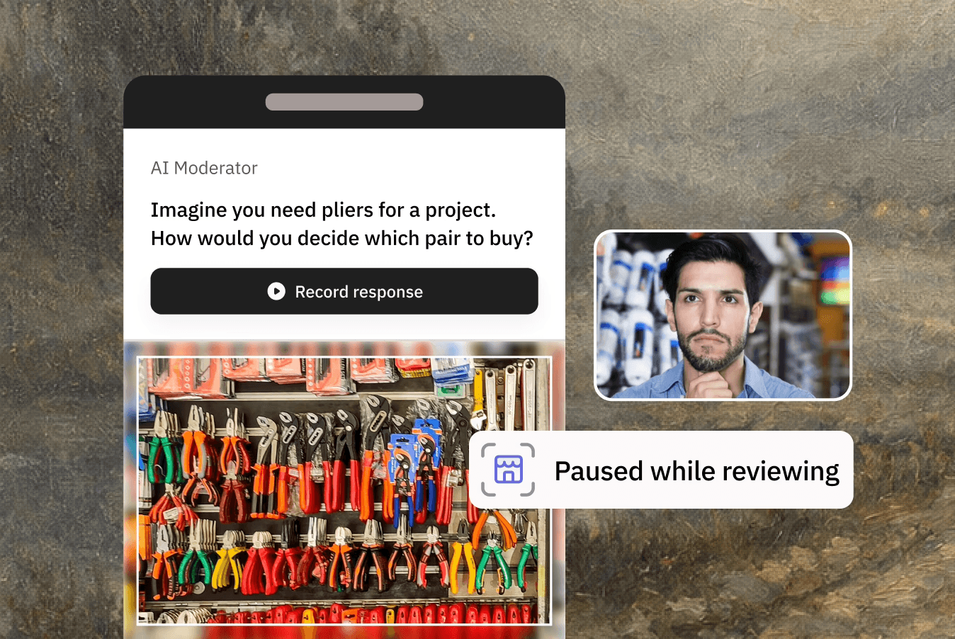AI moderator interface prompting a user question with tool selection image and recording option