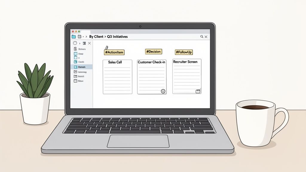 A laptop displaying a digital note-taking application with task categories, next to a potted plant and a coffee mug.