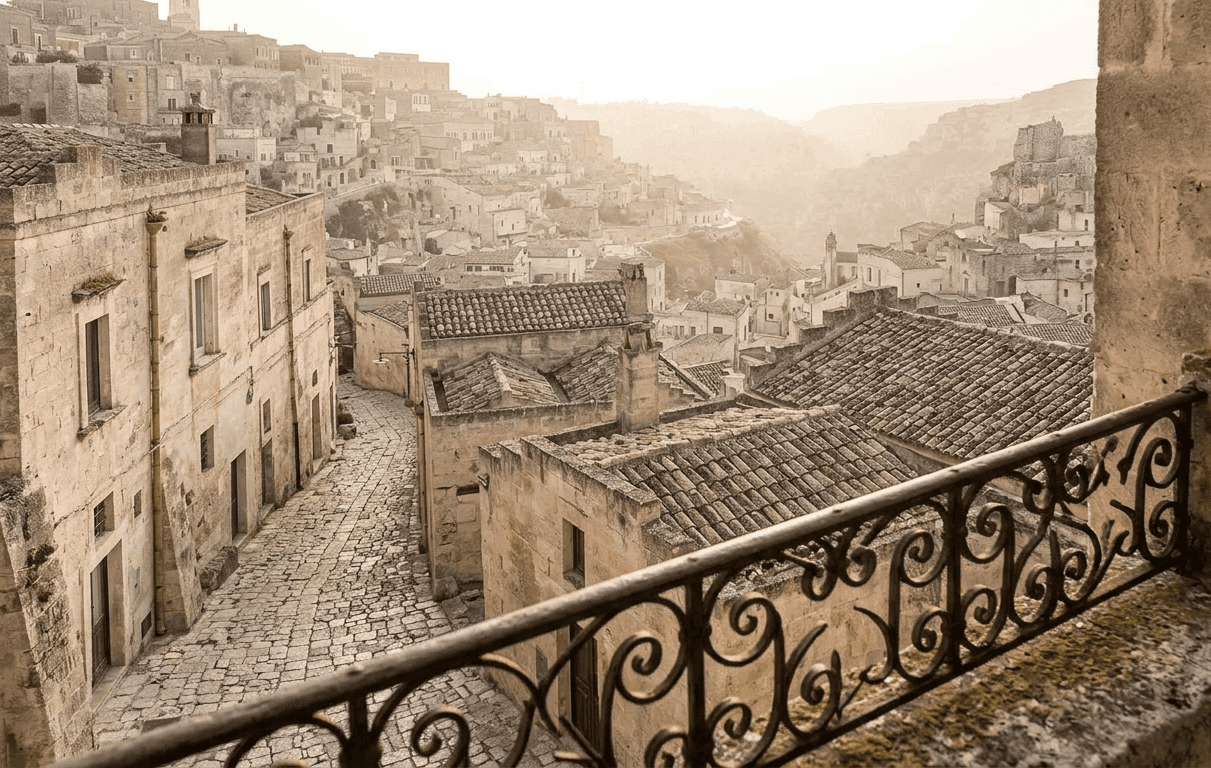 A wrought-iron balcony rail above a cobbled lane, with tiled rooftops and the ravine beyond in hazy light