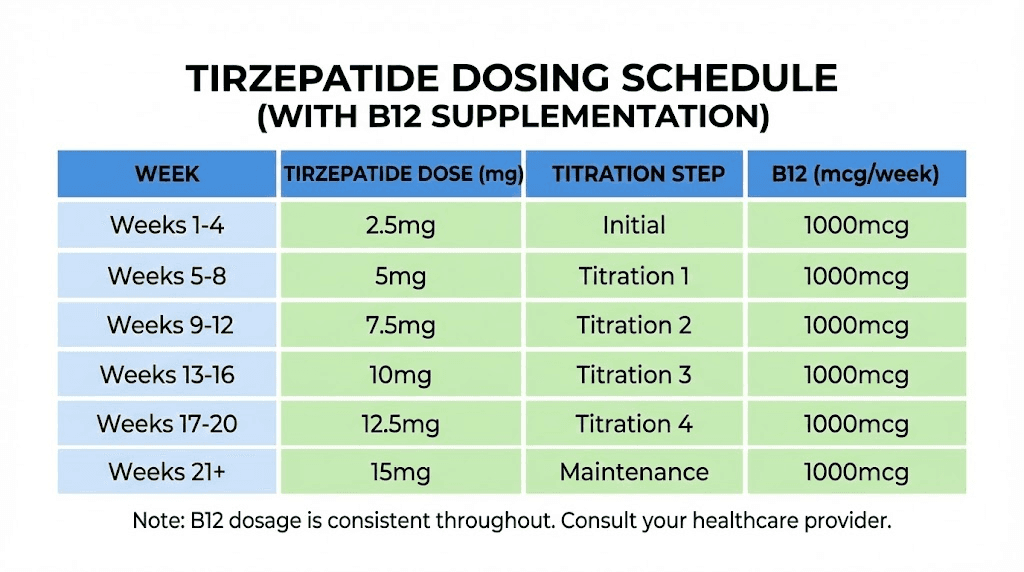 Compounded tirzepatide with B12 weekly dosing schedule and titration chart