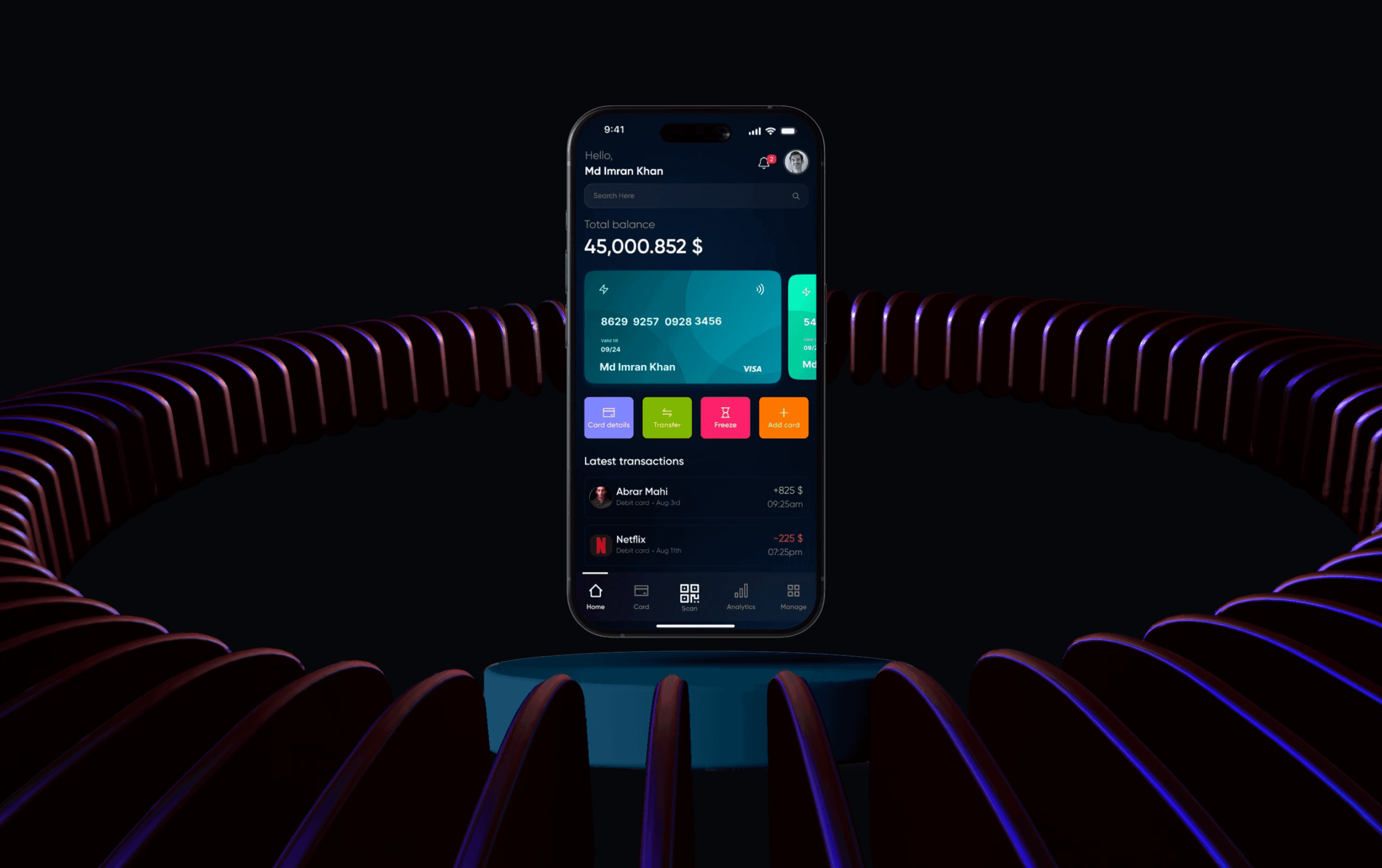 Smartphone displaying a dark-mode mobile banking app with card details and transactions.