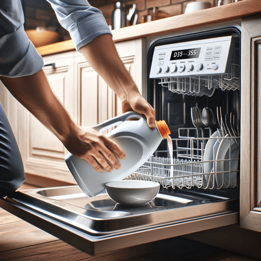 Person manually pouring detergent into the bottom of an open dishwasher in a kitchen, showcasing a workaround for using a dishwasher with a broken soap dispenser.