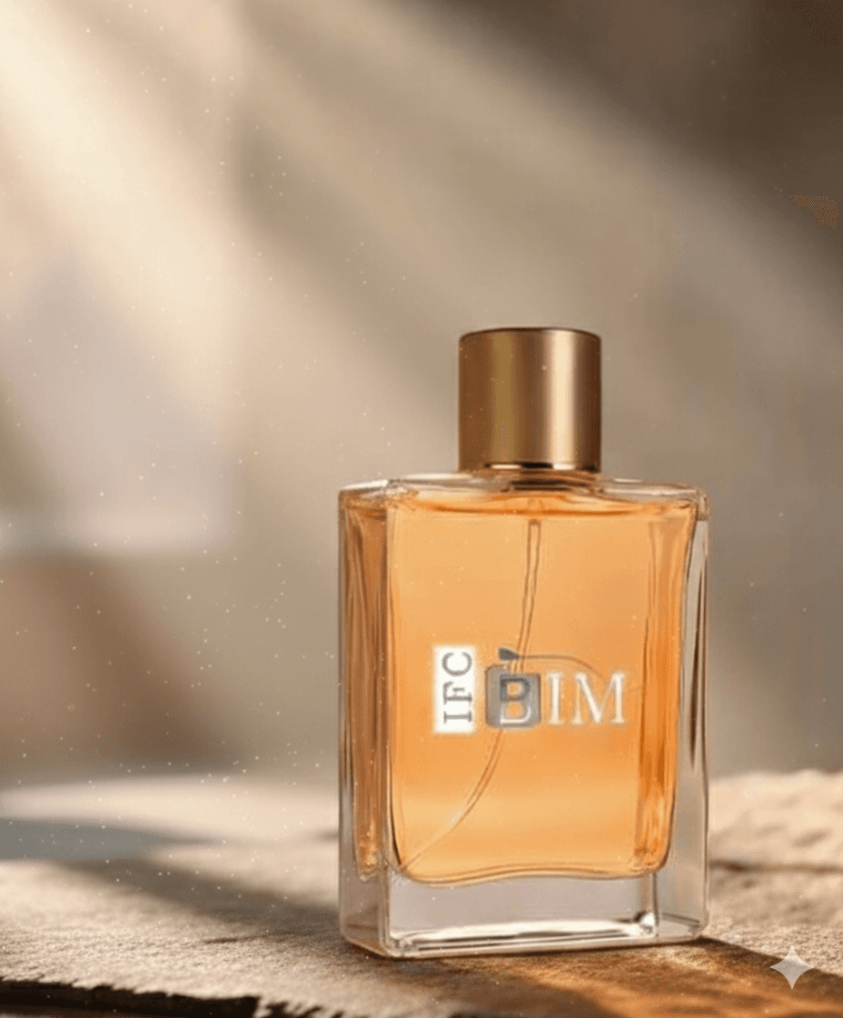 A perfume bottle with a golden cap and yellow liquid inside, with the letters "NWC BIM" on the front