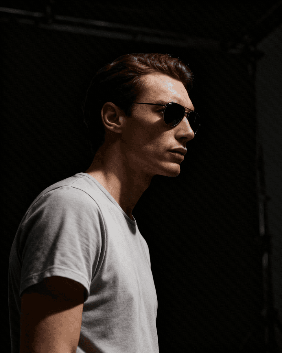 Max longchamp in t-shirt and sunglasses looking to the side