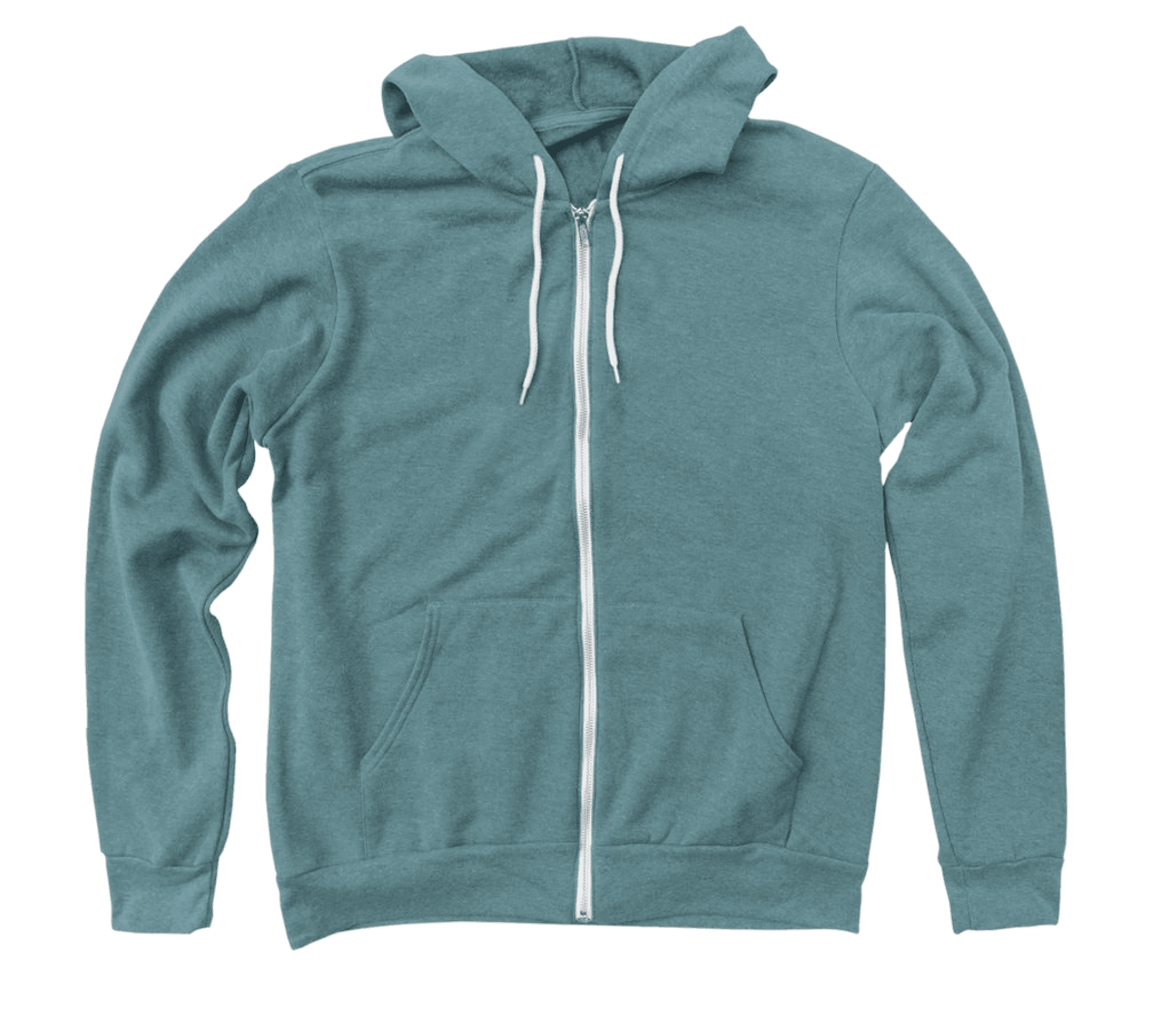 A teal zip-up hoodie. The hoodie is laid flat on a neutral background.