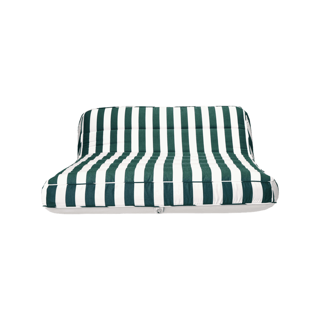 Luxury double pool float in green-and-white stripe canvas with quilted panels and white base