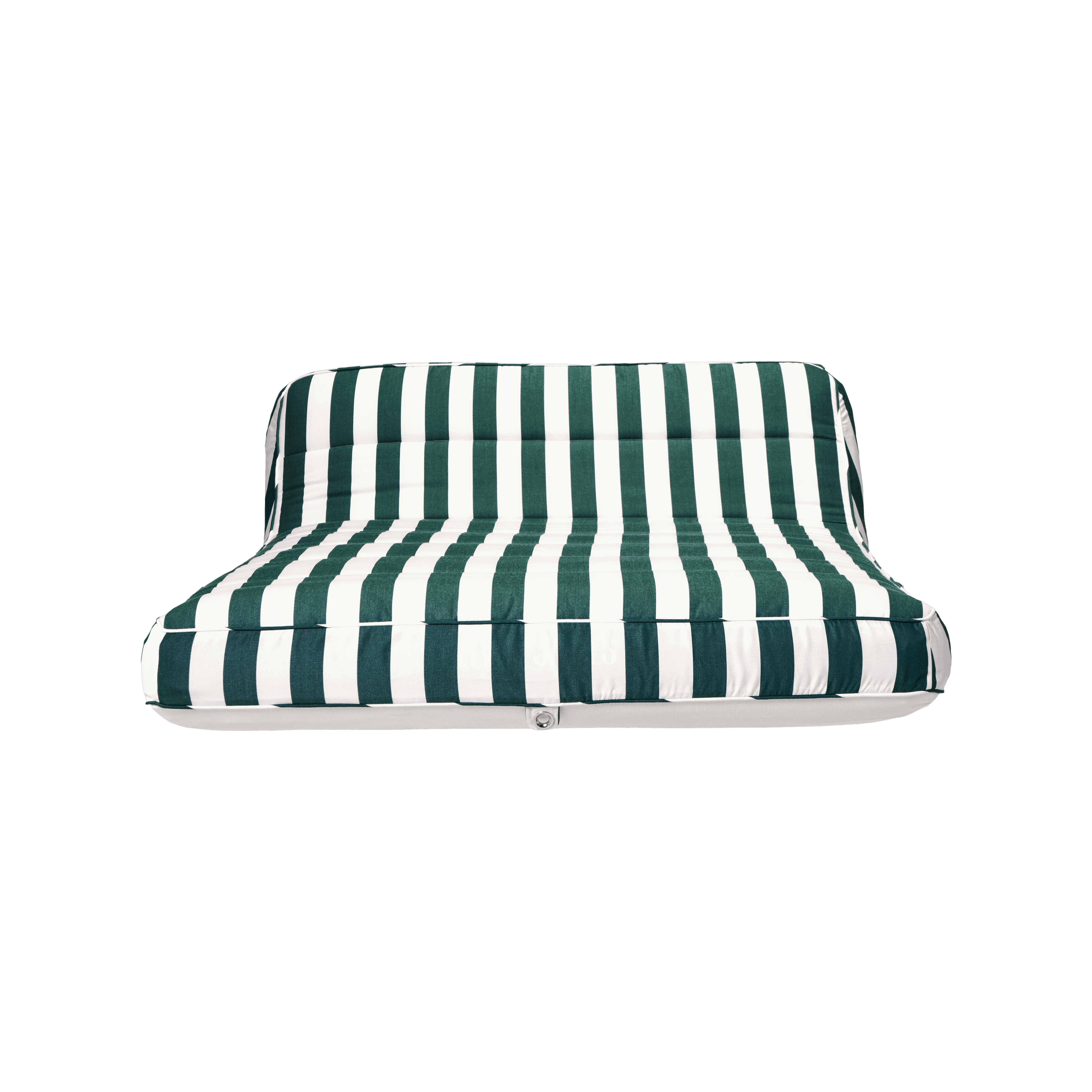 Luxury double pool float in green-and-white stripe canvas with quilted panels and white base