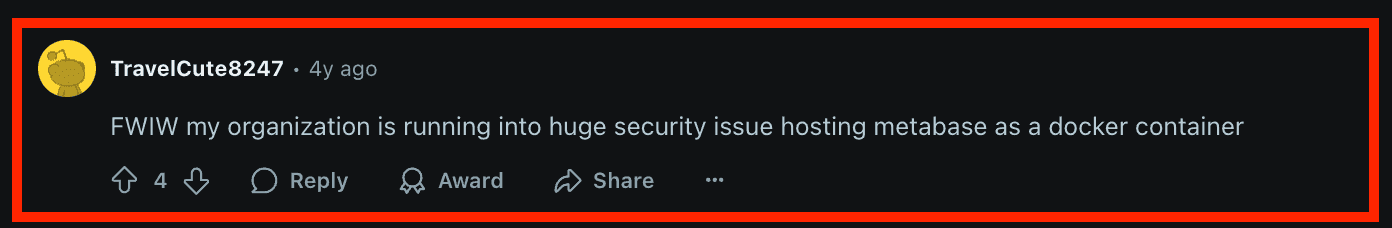 Reddit user comment discussing security issues when hosting Metabase as a Docker container
