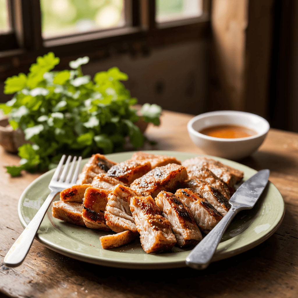 product photography of a plate of grilled pork belly slices, typically used for serving food