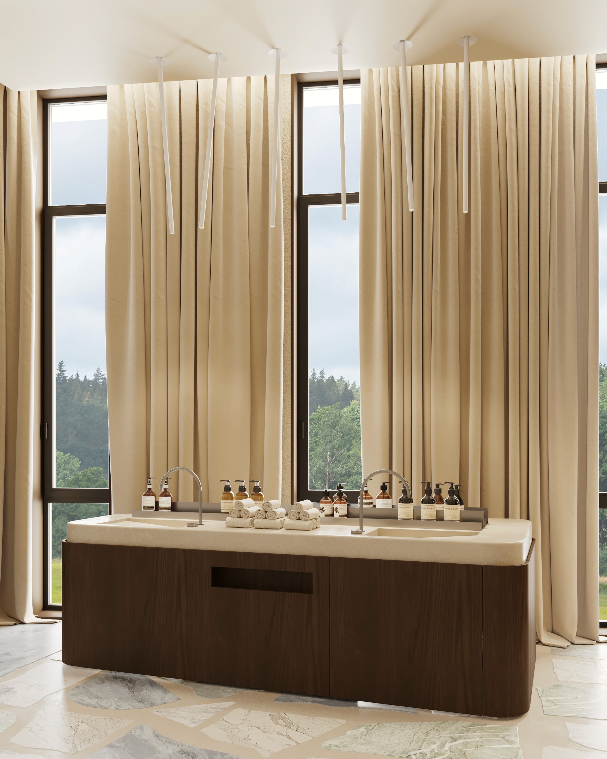 Spa vanity with double sinks and toiletries, large windows, and beige curtains
