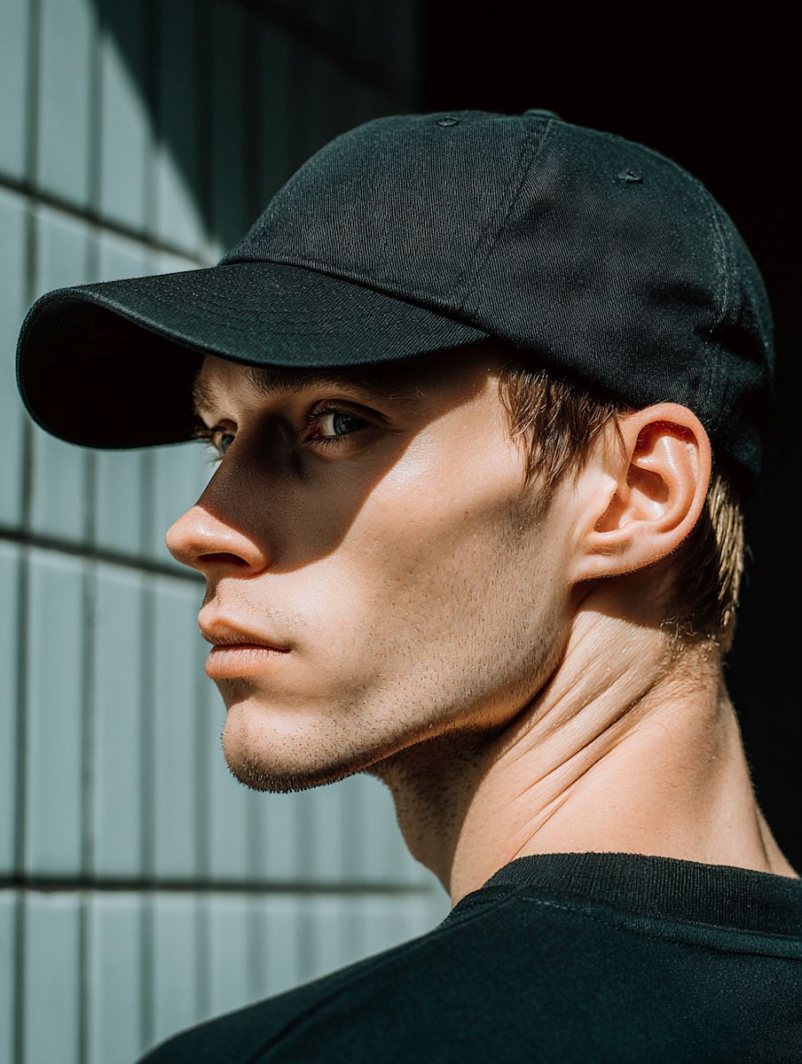 Close-up of a person in a black cap and shirt, with sharp lighting and a tiled wall background, creating a modern and minimalistic vibe.