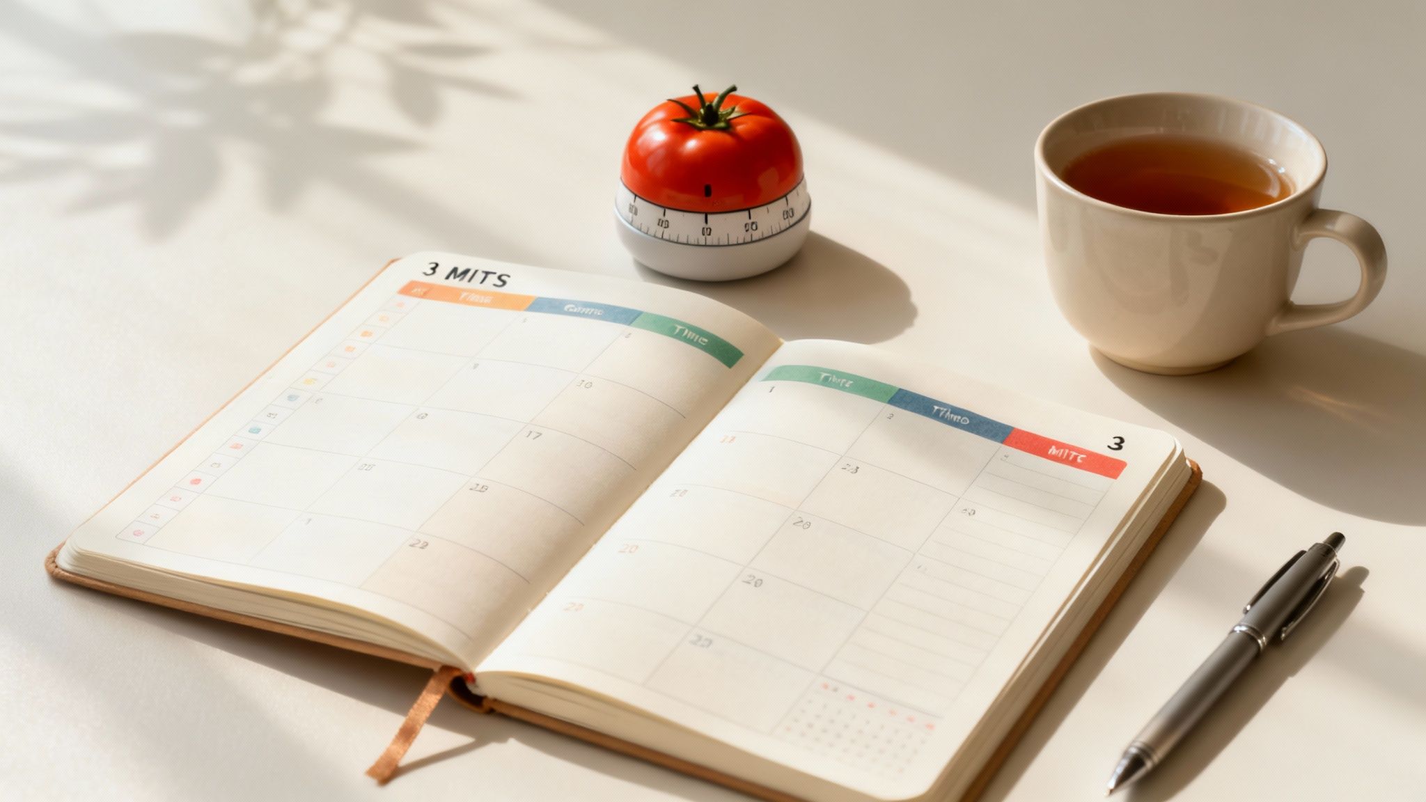 A person at a desk with a laptop, using a time-blocked schedule on a notepad to stay organized and focused.