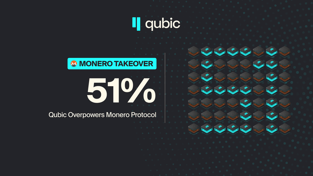 Qubic 51 percent Monero network takeover demonstration graphic showing Qubic overpowering Monero protocol hashrate