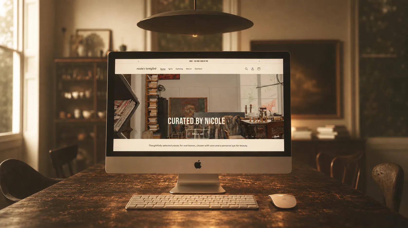 Nicole’s Lantgård e-commerce website displayed on an iMac in a warm, characterful interior.